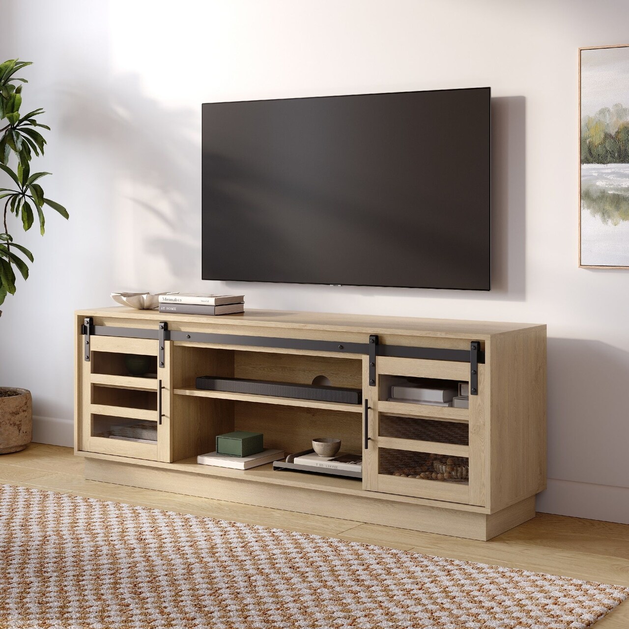 Stead Modern Farmhouse TV Stand, Media Console with Sliding Glass Doors, 58” Entertainment Center with Storage, Barn Door TV Stand for Living Room and Bedrooms, Supports 32 to 65" TVs (Light Oak)
